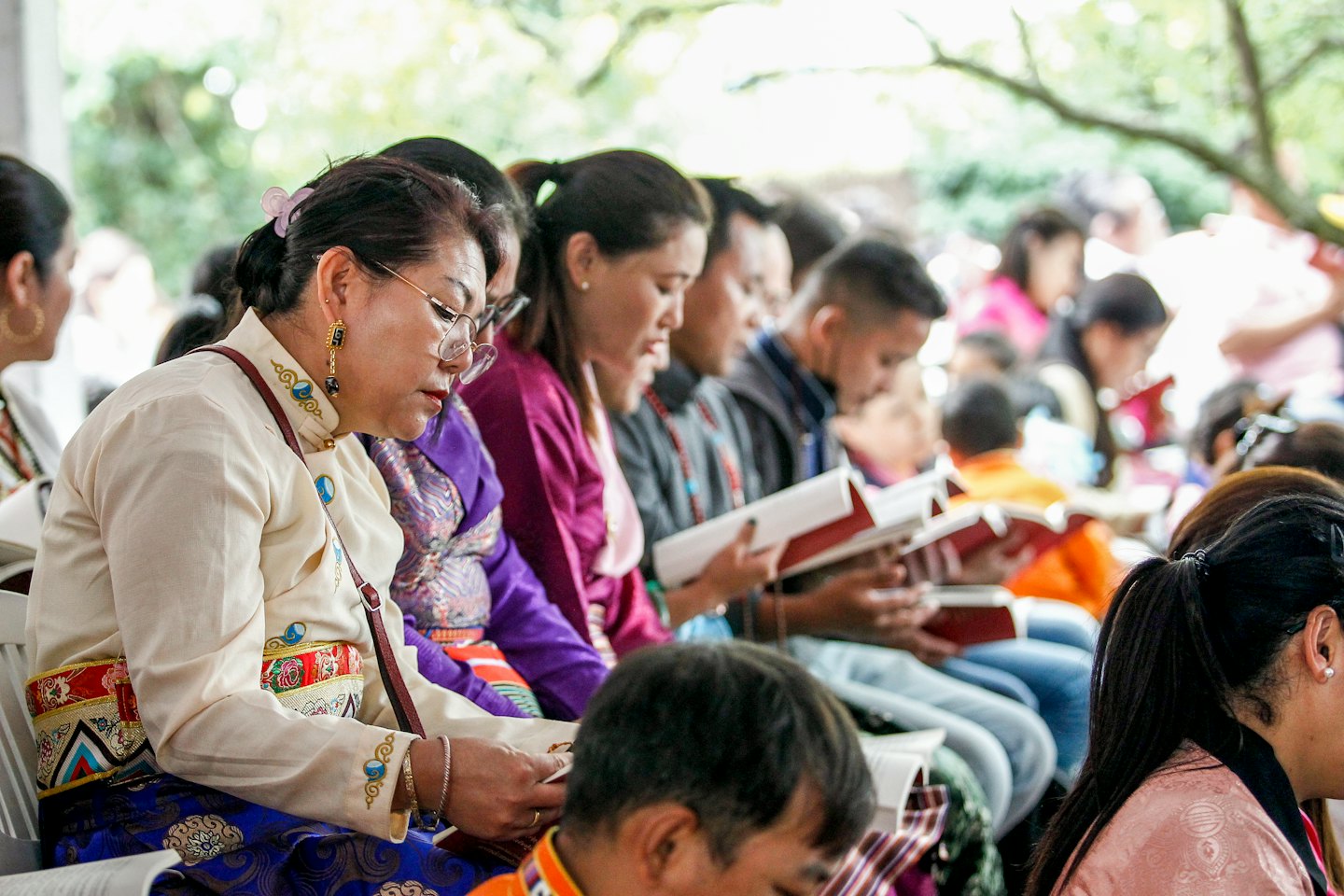 People of various ages read books together outdoors.